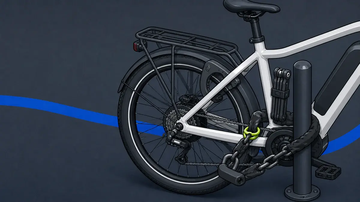 Elcykels baghjul sikret ved en fast stolpe med rammelås og foldelås