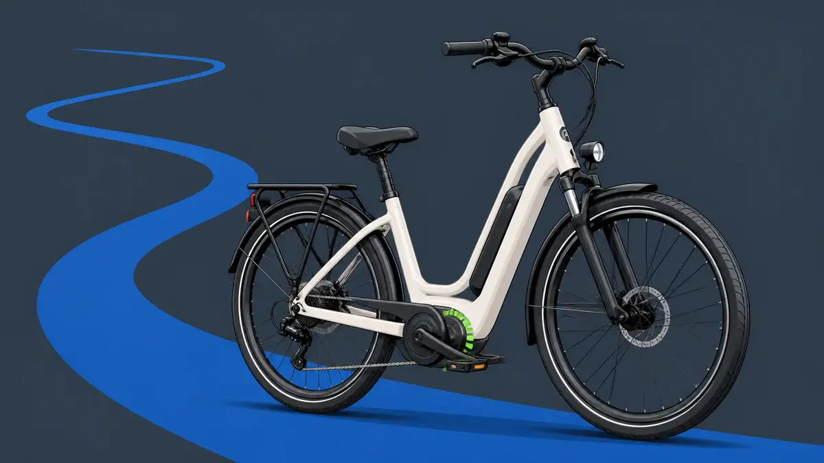 Lav elcykel med nem indstigning, oprejst styr og integreret motor på en blå rute