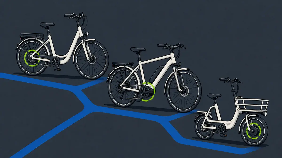 Tre typer elcykler med markeringer ved forhjuls-, centermotor- og baghjulsmotor